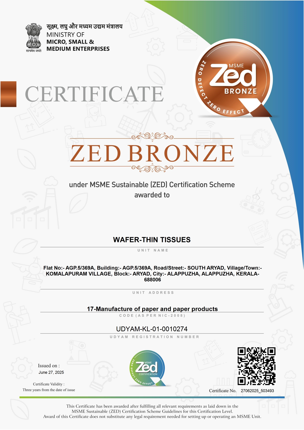 WAFER-THIN TISSUES ZED CERTIFICATE